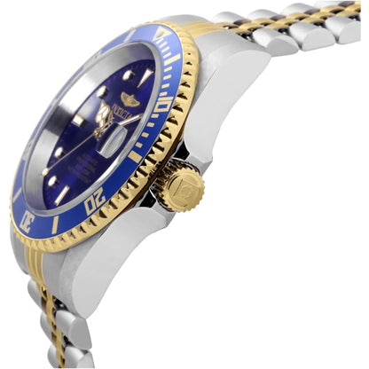 Invicta Pro Diver Automatic 30093 side profile with blue dial, gold-tone rotating bezel, stainless steel case and two-tone stainless steel bracelet.
