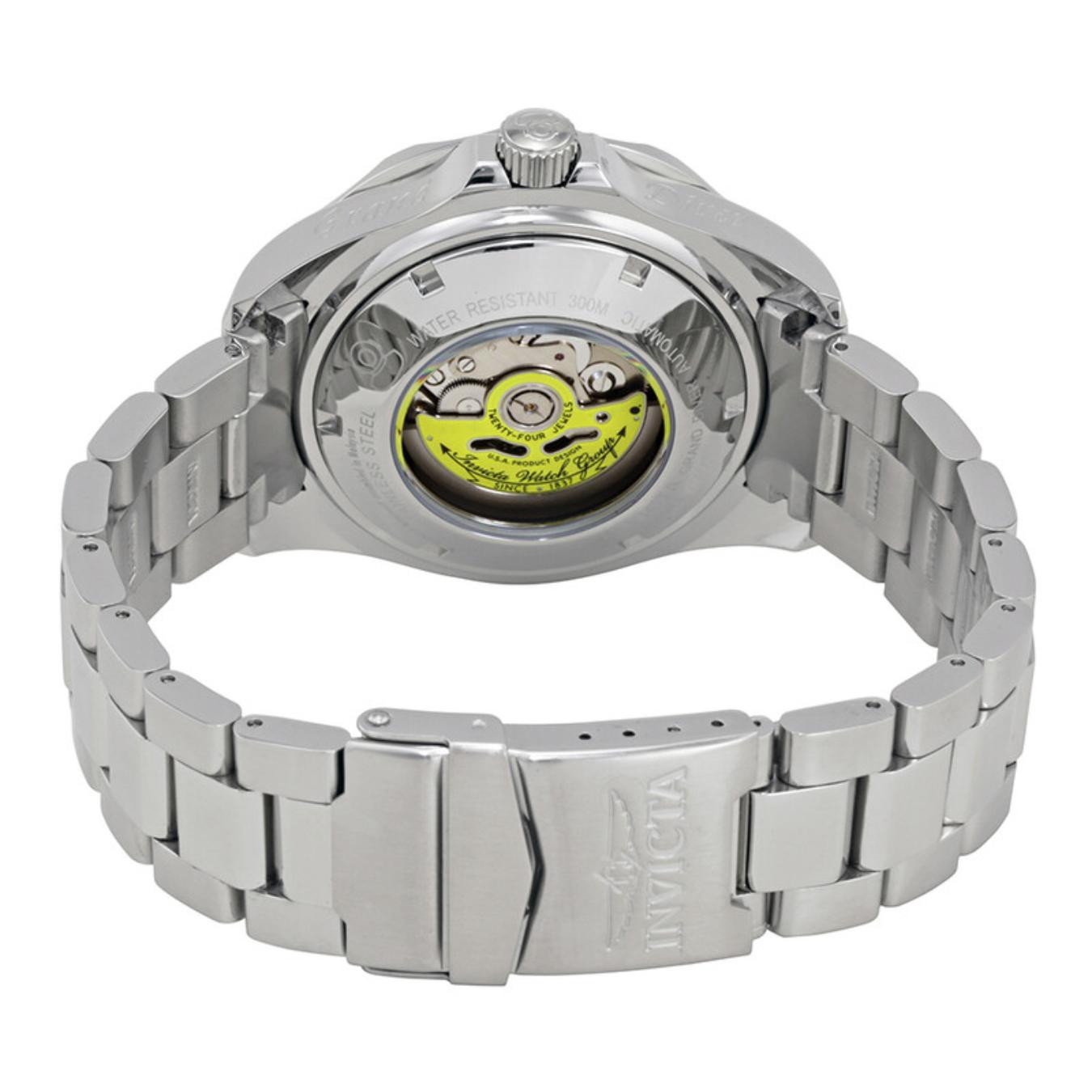 Invicta Pro Diver 3044 automatic dive watch with exhibition caseback, visible automatic movement rotor and stainless steel bracelet with folding clasp.