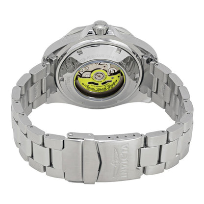 Invicta Pro Diver 3044 automatic dive watch with exhibition caseback, visible automatic movement rotor and stainless steel bracelet with folding clasp.