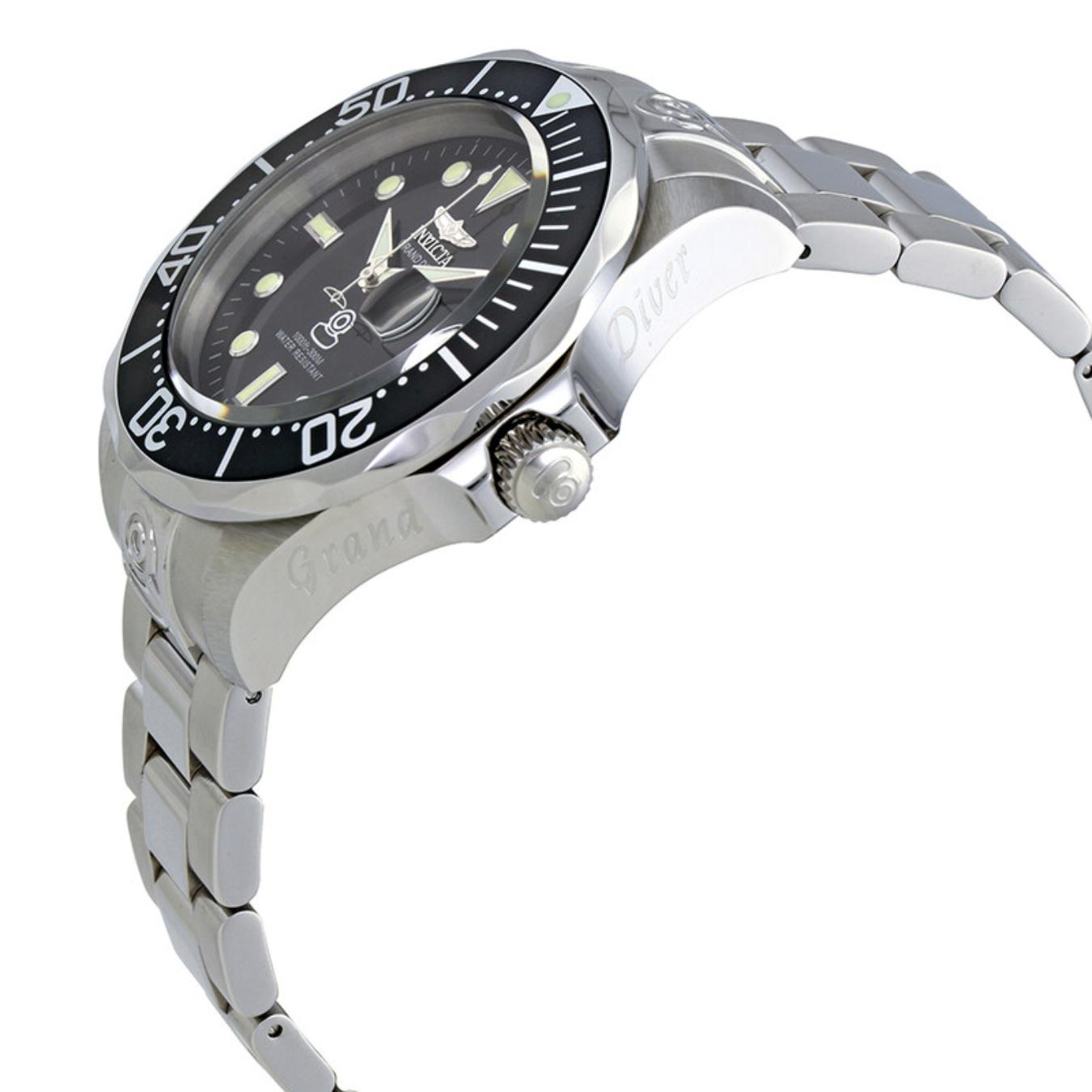 Invicta Pro Diver 3044 automatic dive watch with black dial, unidirectional bezel, engraved stainless steel case and stainless steel bracelet shown in angled side profile.