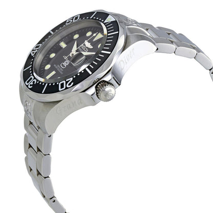 Invicta Pro Diver 3044 automatic dive watch with black dial, unidirectional bezel, engraved stainless steel case and stainless steel bracelet shown in angled side profile.