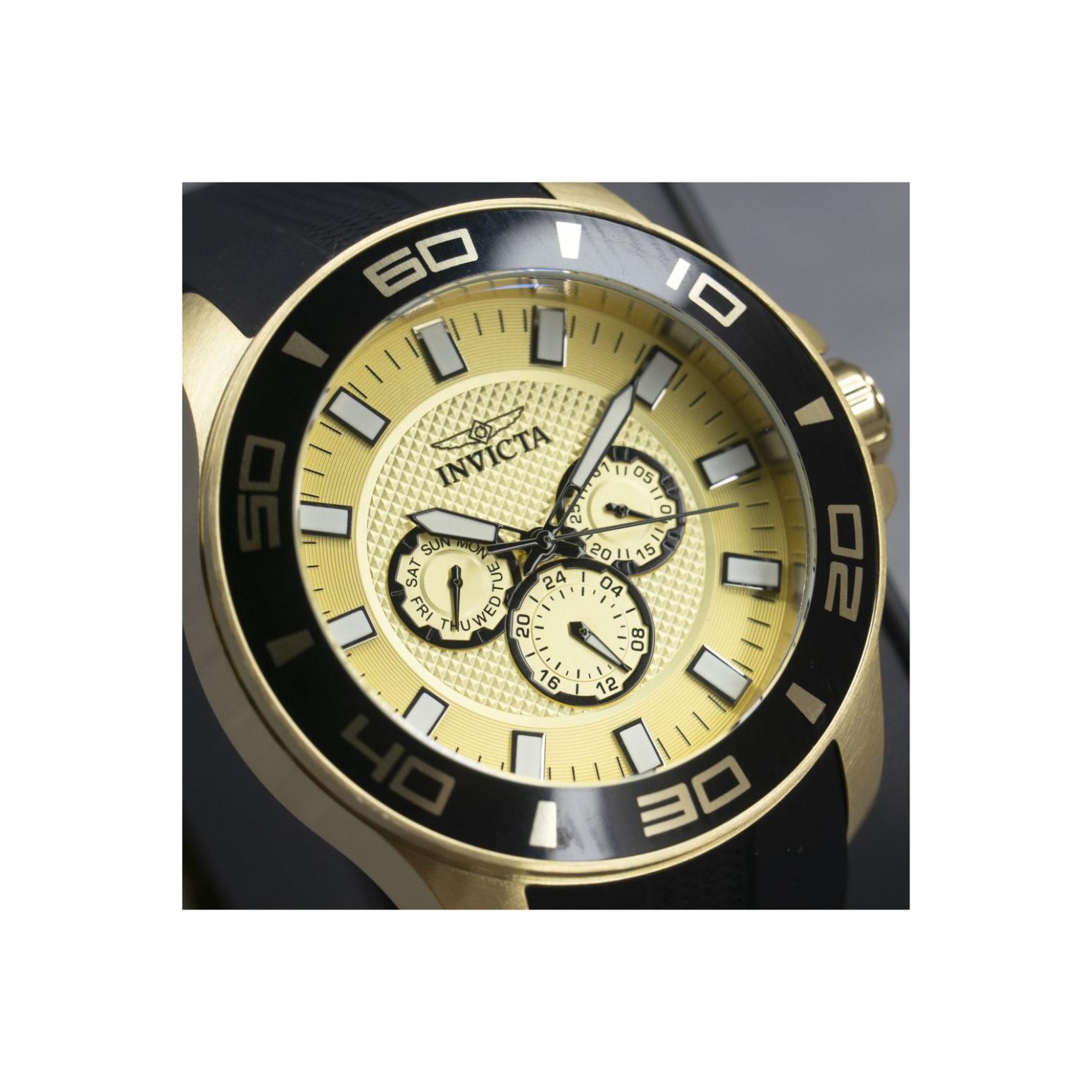 Invicta Pro Diver 35742 close-up showing the gold-tone textured chronograph dial, black bezel with large numerals, and luminous hour markers.