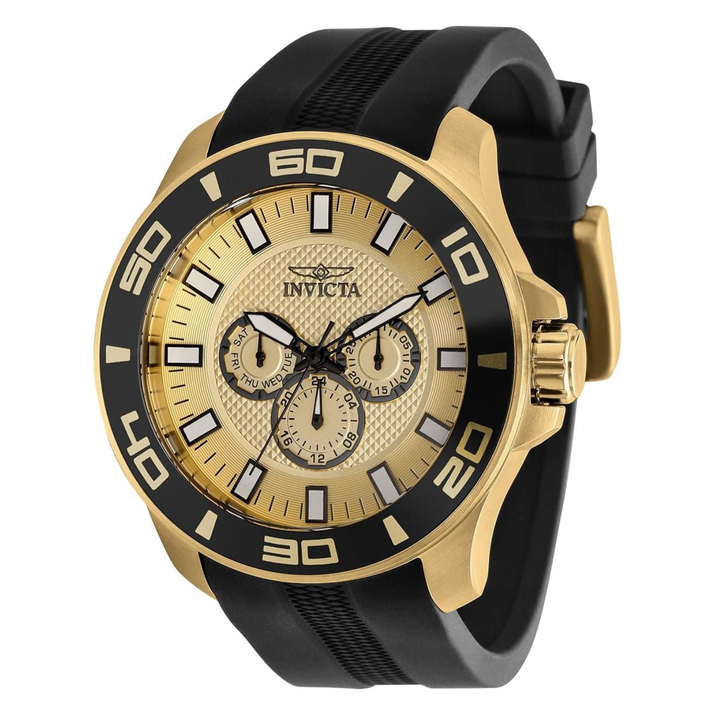 Invicta Pro Diver 35742 chronograph watch with gold-tone textured dial, black bezel, oversized gold-tone case, and black silicone strap.