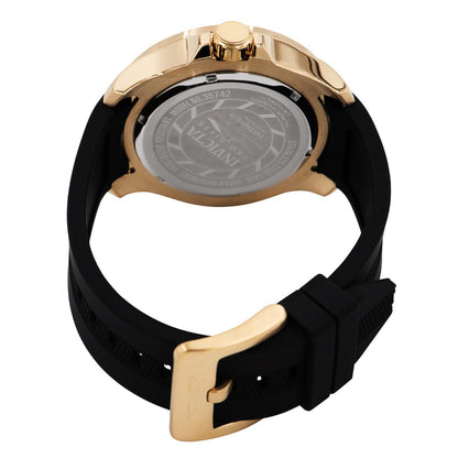 Invicta Pro Diver 35742 with stainless steel rear case, gold-tone case finish, and black silicone strap with matching gold-tone buckle closure.