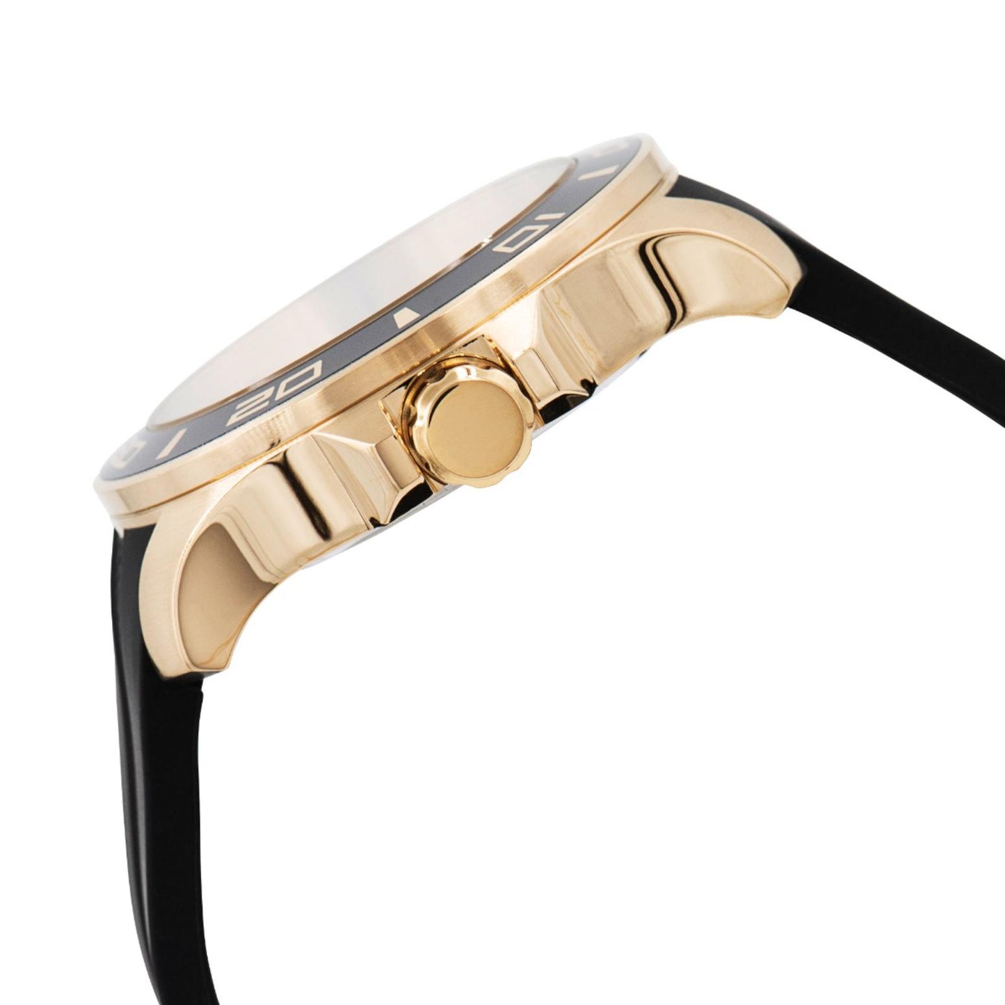 Invicta Pro Diver 35742 with polished gold-tone case profile, black bezel detail, and black silicone strap shown in a side view.