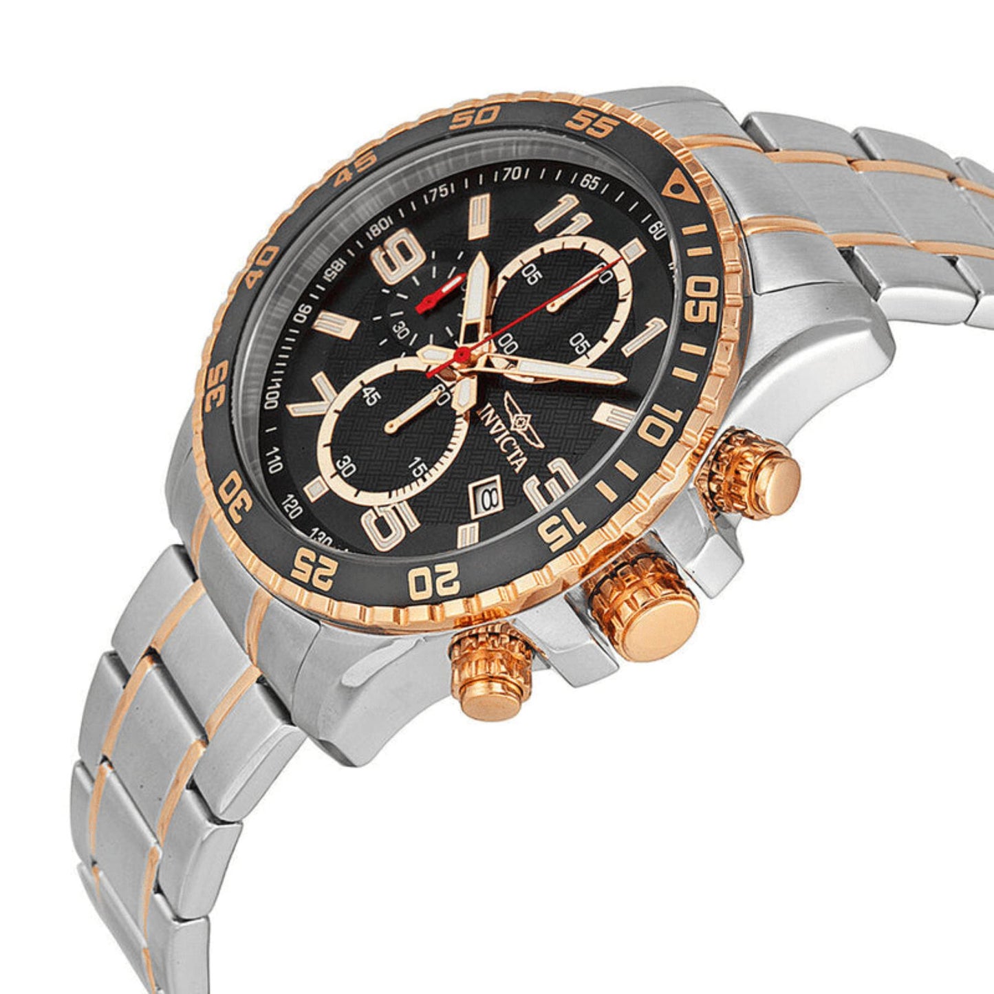 Invicta Specialty 37187 chronograph watch with black dial, gold-tone bezel accents, oversized two-tone stainless steel case, and textured gold-tone pushers shown in an angled view.