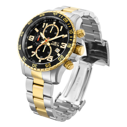 Invicta Specialty 37187 chronograph watch with black dial, gold-tone bezel accents, and two-tone stainless steel bracelet shown in an angled view with the clasp open.