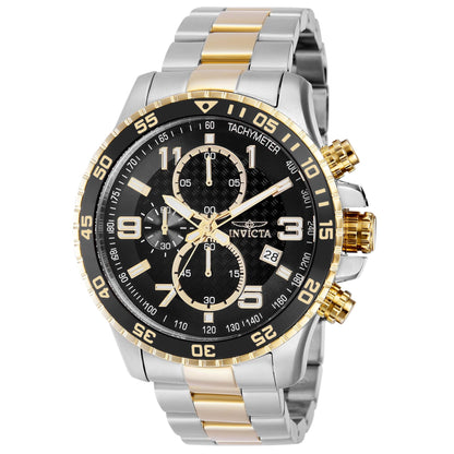 Invicta Specialty 37187 chronograph watch with black dial, gold-tone accents, oversized two-tone stainless steel case, and matching bracelet.