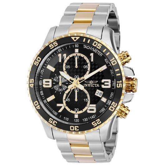 Invicta Specialty 37187 chronograph watch with black dial, gold-tone accents, oversized two-tone stainless steel case, and matching bracelet.