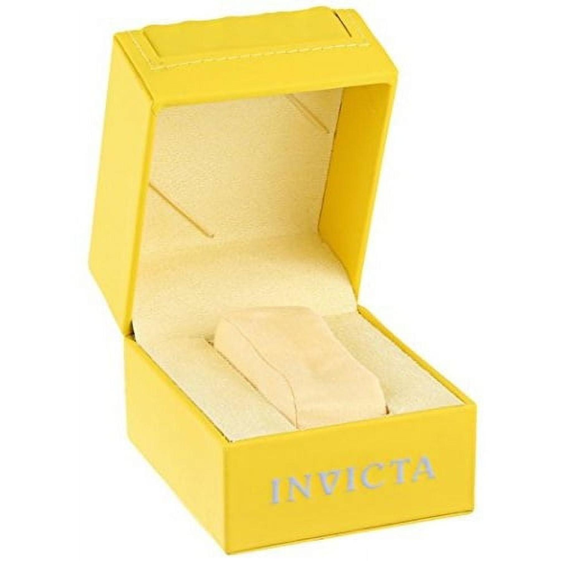Invicta yellow presentation watch box with soft beige interior cushion and open hinged lid.