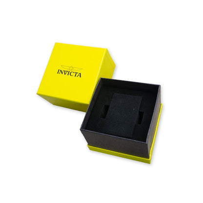 Invicta yellow presentation watch box with black interior cushion compartment shown open beside the matching branded lid.