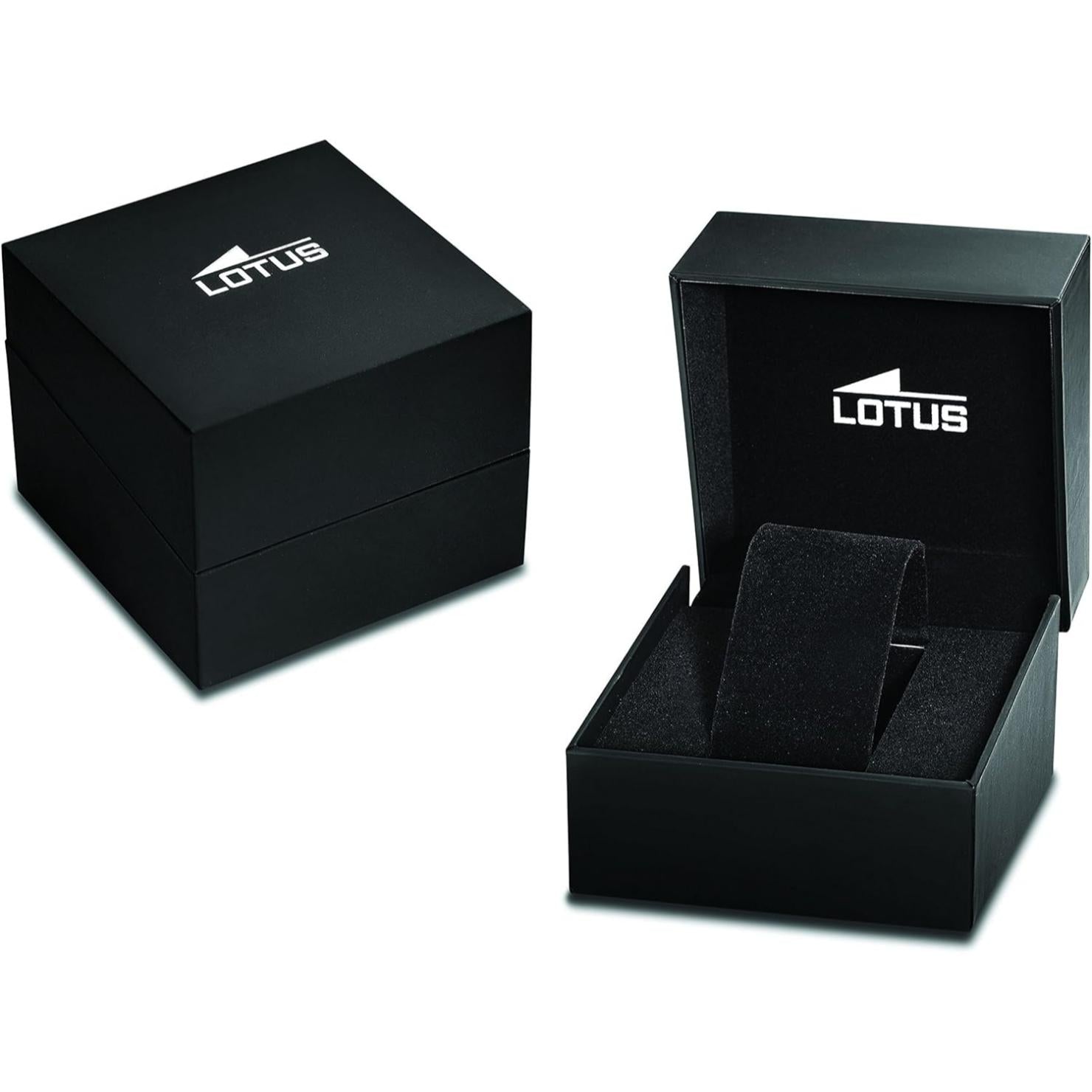 Caja negra oficial Lotus para reloj, una cerrada y otra abierta mostrando el interior acolchado negro con el logotipo Lotus en blanco en la tapa
