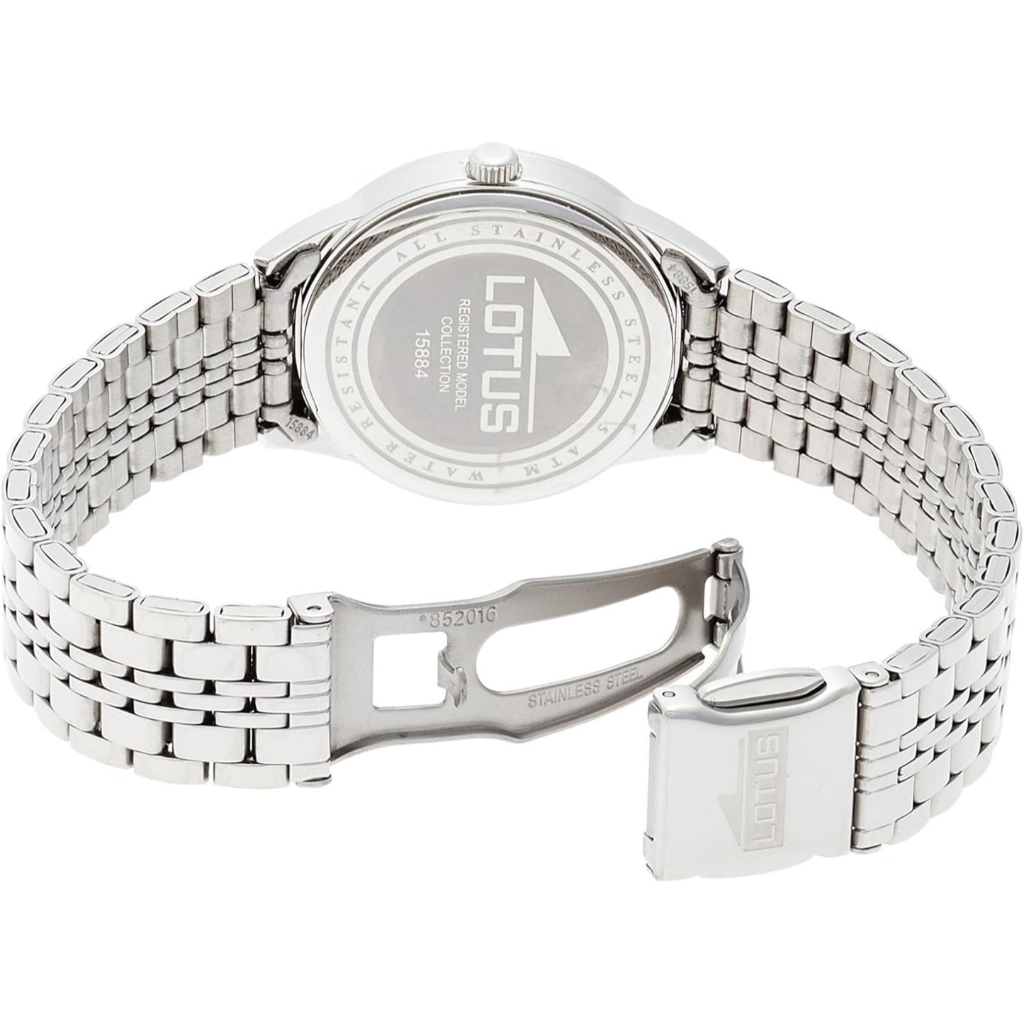 Vista trasera del reloj Lotus 15884/1 con tapa de acero grabada y brazalete metálico plateado mostrando el cierre desplegable abierto