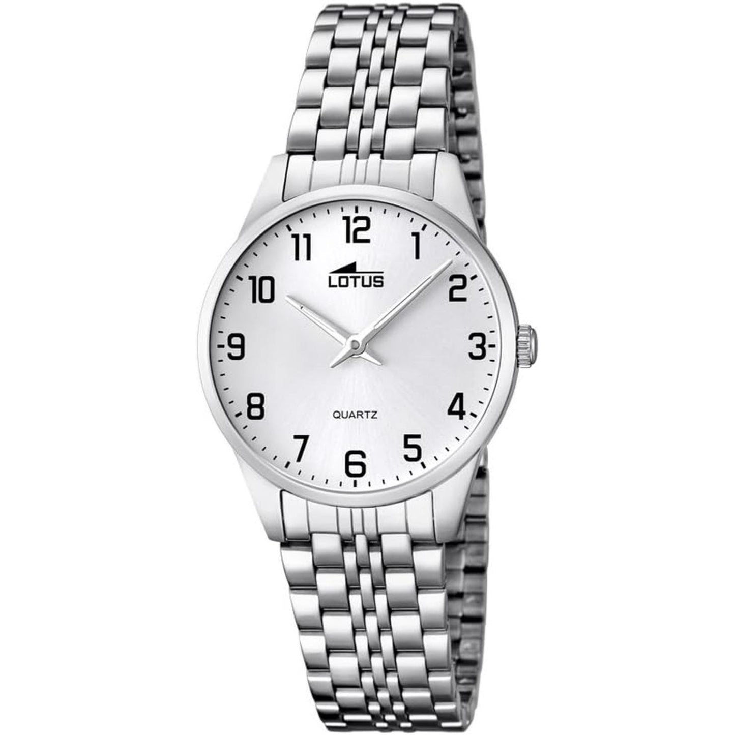 Reloj Lotus 15884/1 de mujer en acero plateado, esfera blanca con números árabes negros y brazalete metálico de eslabones pulidos.