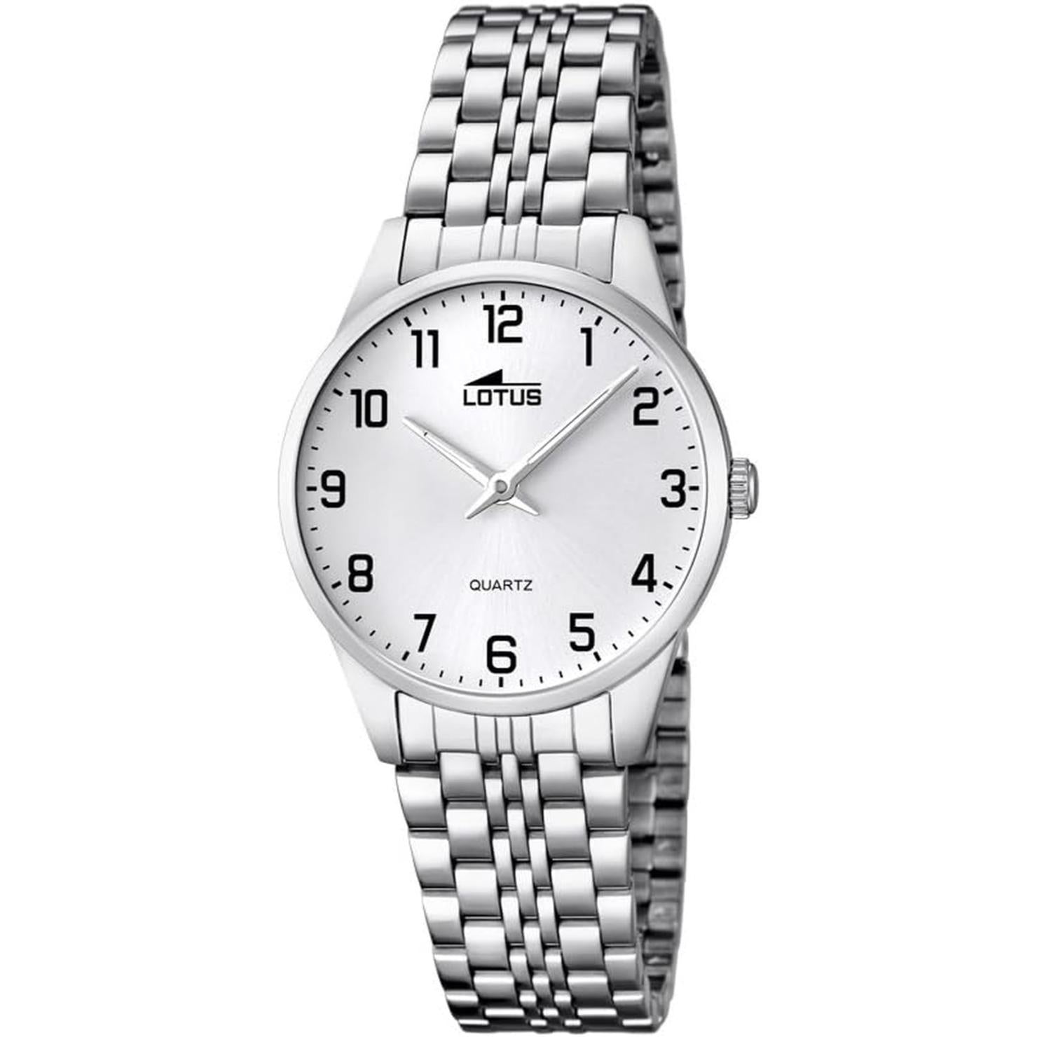 Reloj Lotus 15884/1 de mujer en acero plateado, esfera blanca con números árabes negros y brazalete metálico de eslabones pulidos.