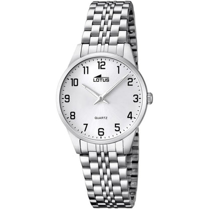 Reloj Lotus 15884/1 de mujer en acero plateado, esfera blanca con números árabes negros y brazalete metálico de eslabones pulidos.