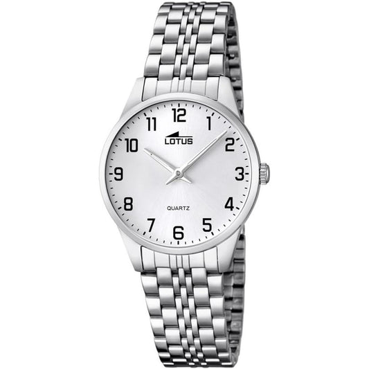 Reloj Lotus 15884/1 de mujer en acero plateado, esfera blanca con números árabes negros y brazalete metálico de eslabones pulidos.