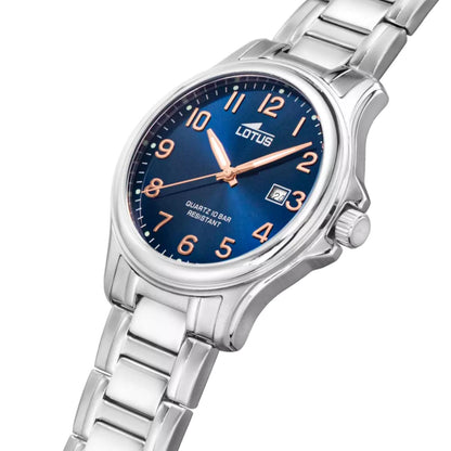 Reloj Lotus 18655/2 de mujer en acero plateado con brazalete de eslabones y esfera azul marino con números árabes y agujas rosa, ventana de fecha a las 3 h y texto Quartz 10 Bar Resistant.