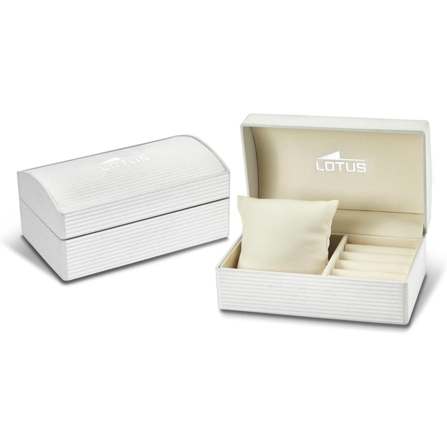 Caja blanca oficial Lotus tipo joyero con logotipo en la tapa, interior beige con cojín para reloj y varios compartimentos para guardar más piezas