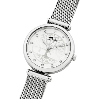 Primer plano del reloj Lotus 18708/1 Trendy con brazalete malla milanesa plateada, esfera blanca con árbol de la vida calado y agujas plateadas