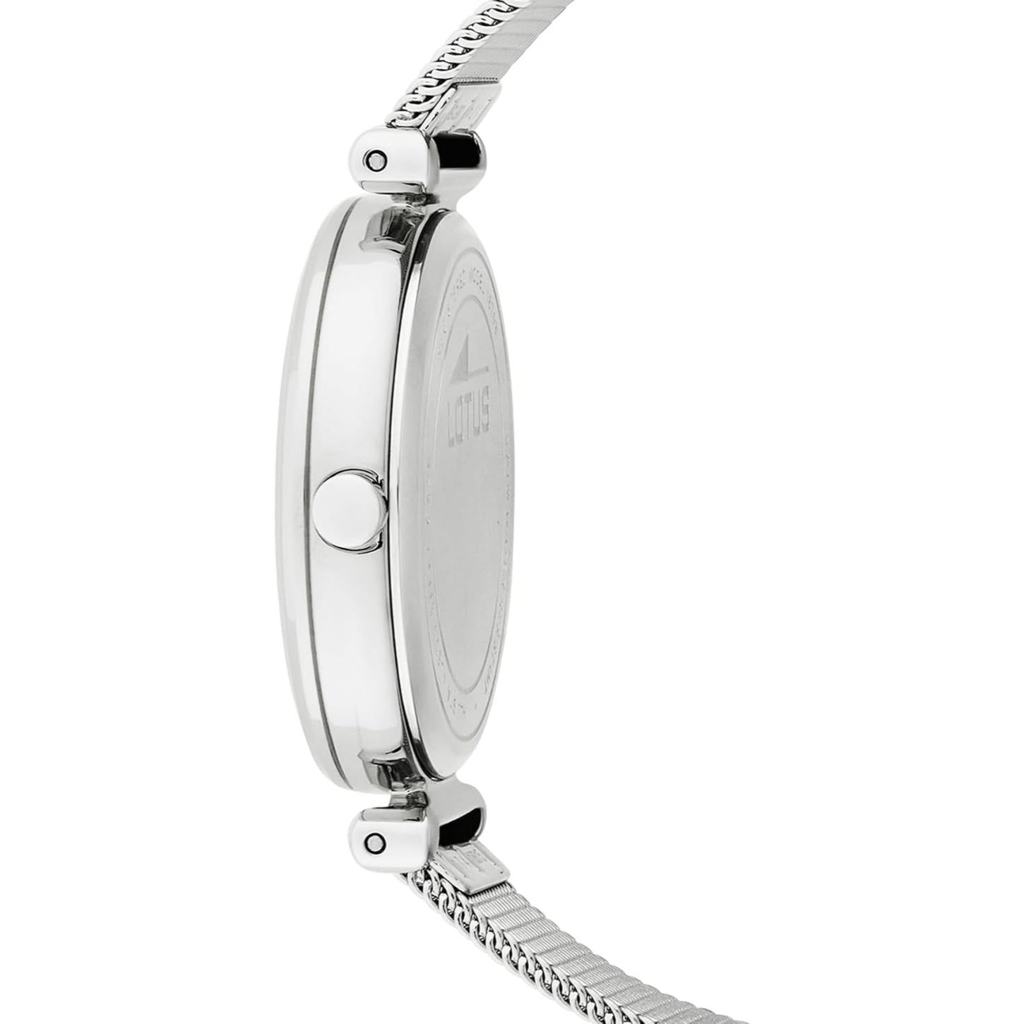 Vista lateral del reloj Lotus 18708/1 Trendy mostrando la caja de acero pulido y el brazalete de malla milanesa plateada