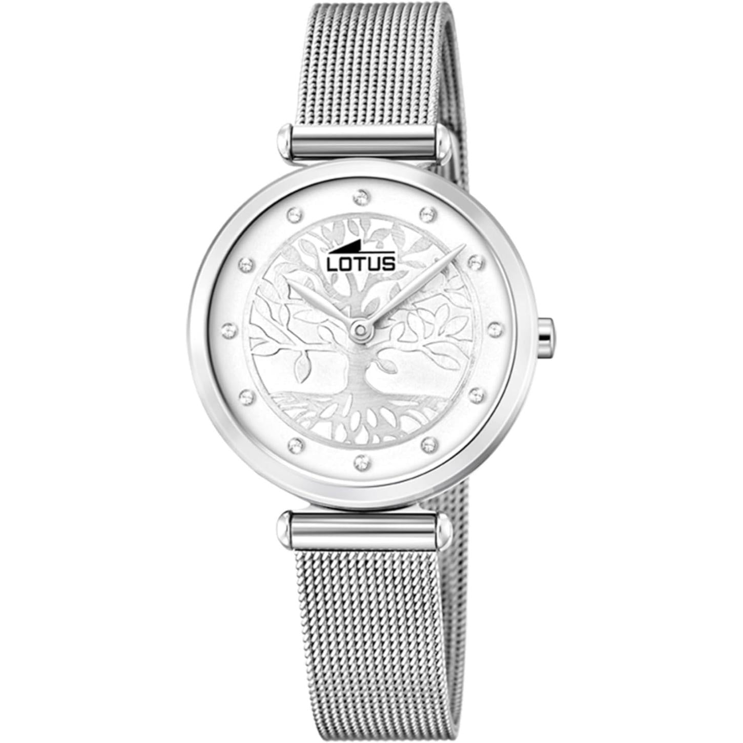 Reloj Lotus 18708/1 Trendy de mujer en acero plateado con brazalete malla milanesa y esfera blanca calada con motivo árbol de la vida y índices de circonitas