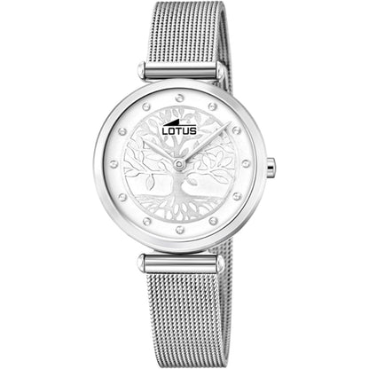 Reloj Lotus 18708/1 Trendy de mujer en acero plateado con brazalete malla milanesa y esfera blanca calada con motivo árbol de la vida y índices de circonitas