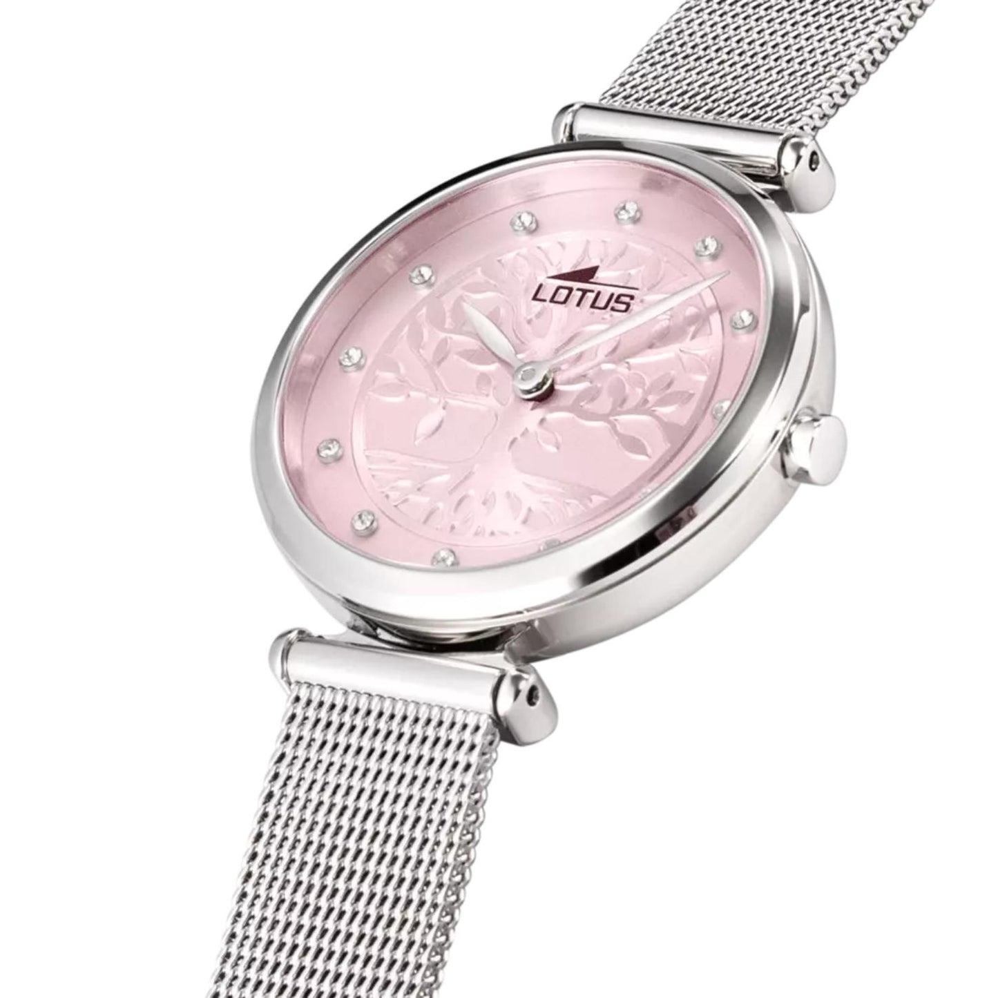 Reloj Lotus 18708/2 de mujer con brazalete de malla plateada y esfera rosa en perspectiva, decorada con árbol de la vida calado e índices de cristales.
