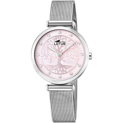 Reloj Lotus 18708/2 de mujer con brazalete de malla plateada y esfera rosa con motivo calado del árbol de la vida y índices de cristales