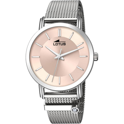 Reloj Lotus 18737/2 de mujer con brazalete de malla plateada y esfera champán con índices alargados, doble barra en las asas y pequeño detalle de cristal en la correa.