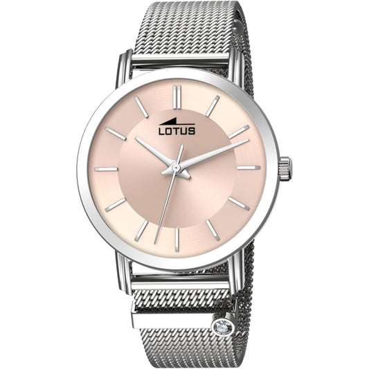 Reloj Lotus 18737/2 de mujer con brazalete de malla plateada y esfera champán con índices alargados, doble barra en las asas y pequeño detalle de cristal en la correa.