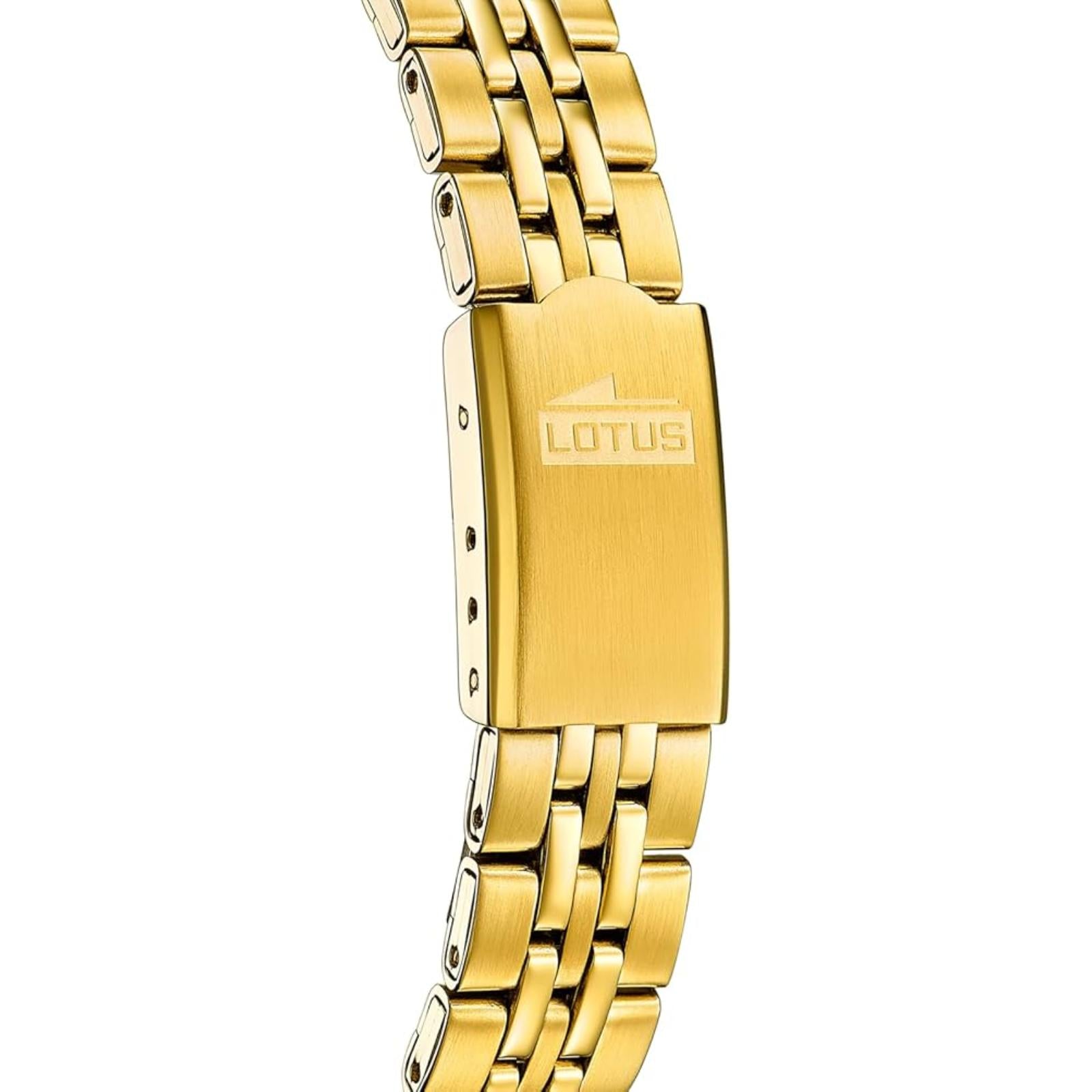 Detalle del cierre desplegable del brazalete dorado del reloj Lotus 18993/1 con logotipo Lotus grabado.