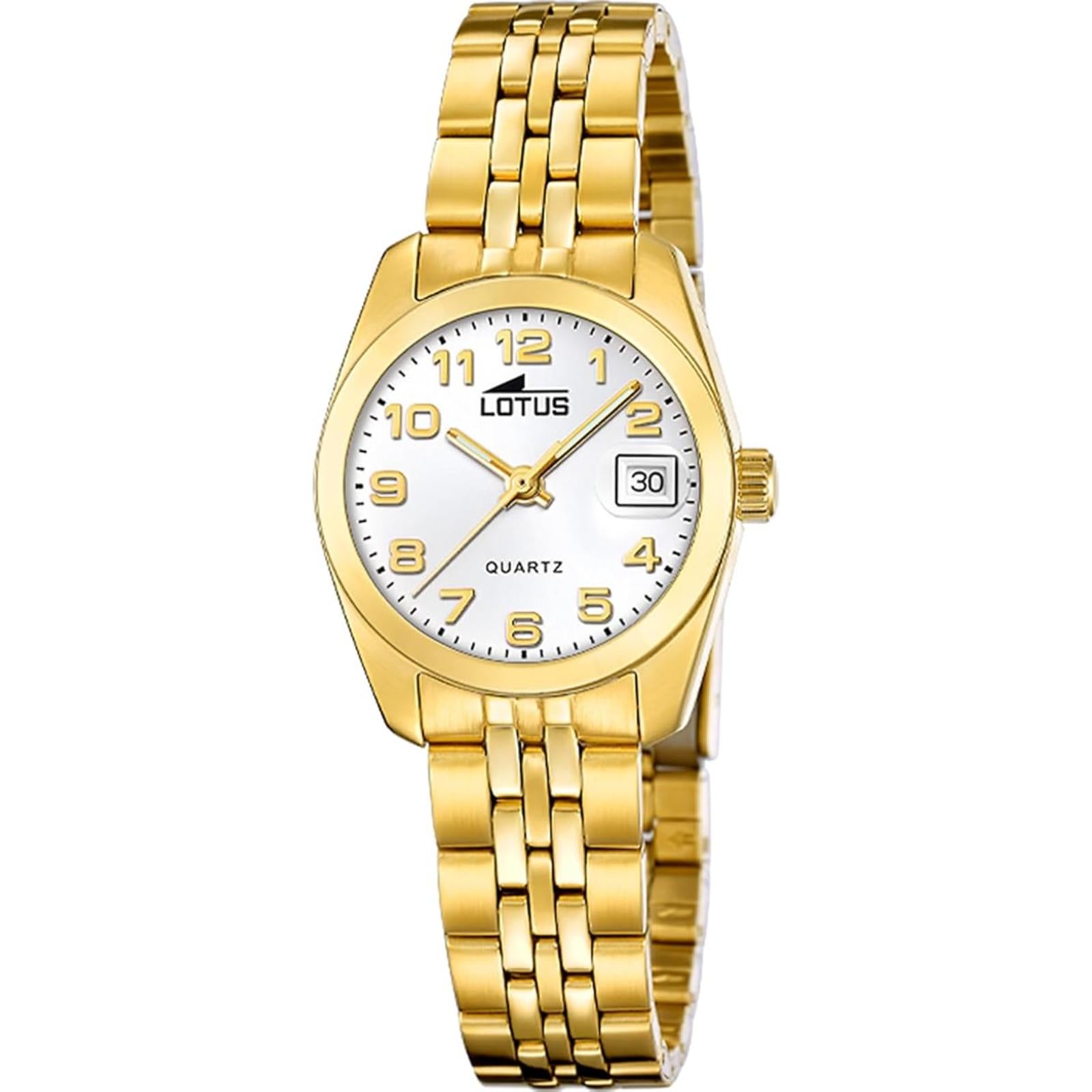 Reloj Lotus 18993/1 de mujer en acero dorado, esfera blanca con números árabes dorados, ventana de fecha a las 3 y brazalete metálico dorado