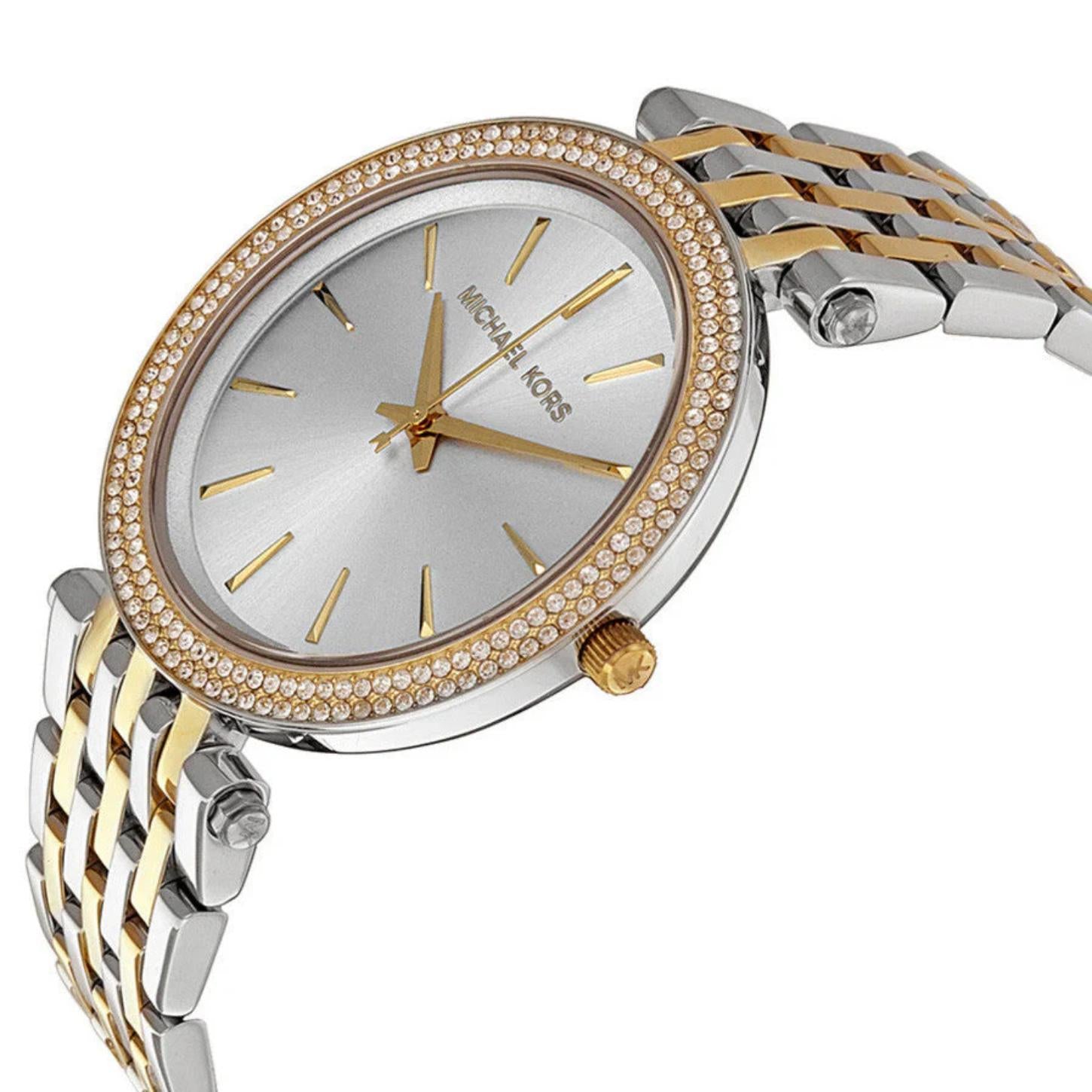 Michael Kors Darci MK3215 women’s watch with white sunray dial, crystal-set bezel and two-tone stainless steel bracelet shown in angled profile view.