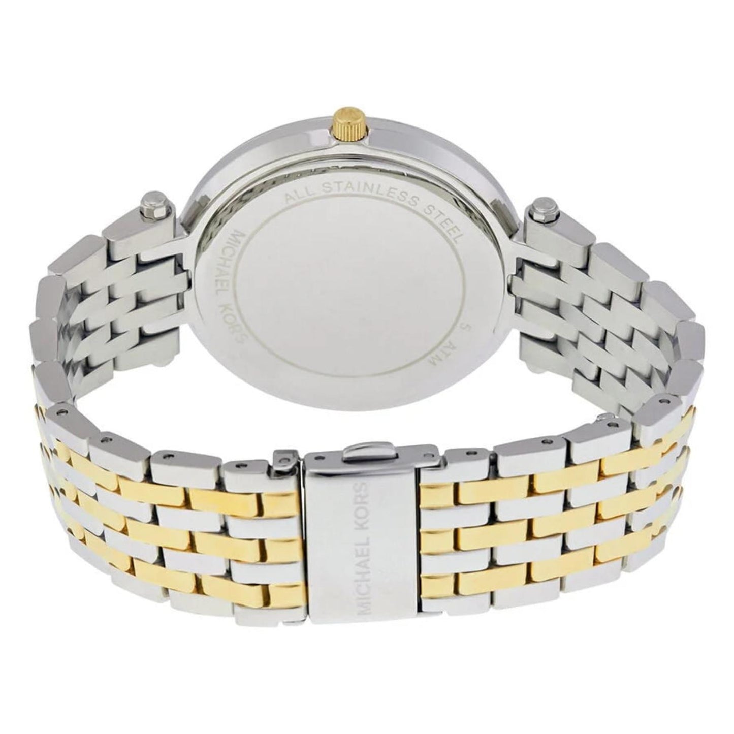 Michael Kors Darci MK3215 with stainless steel caseback, two-tone link bracelet and fold-over clasp with engraved logo.
