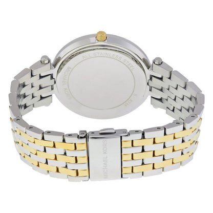 Michael Kors Darci MK3215 with stainless steel caseback, two-tone link bracelet and fold-over clasp with engraved logo.