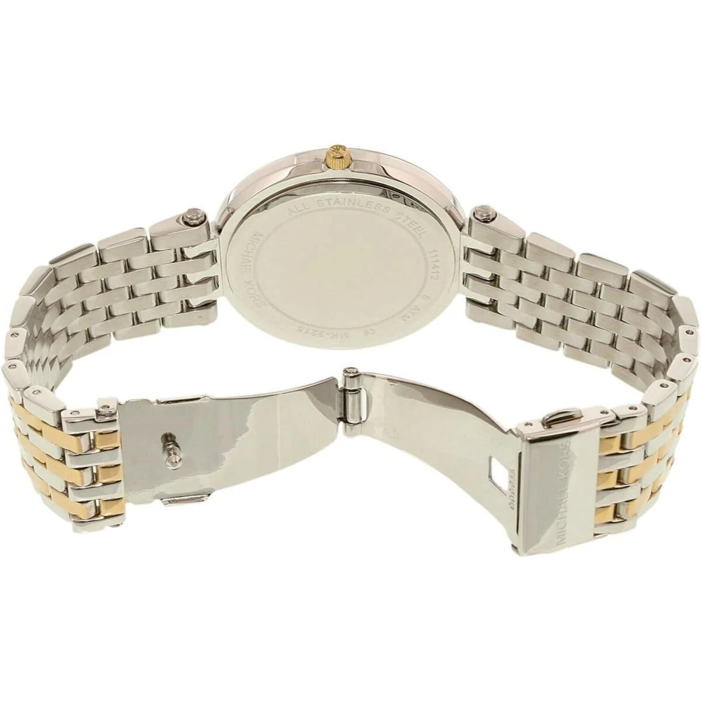 Michael Kors Darci MK3215 with stainless steel caseback, two-tone link bracelet and deployant clasp shown in open position.