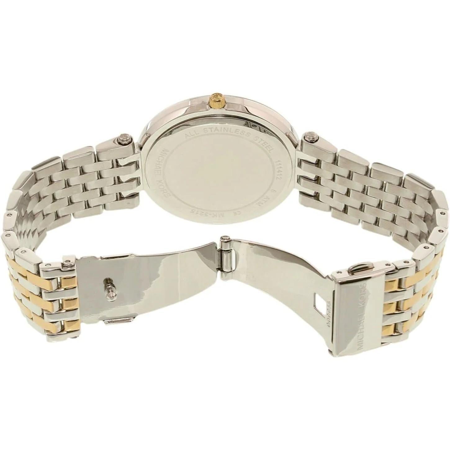 Michael Kors Darci MK3215 with stainless steel caseback, two-tone link bracelet and deployant clasp shown in open position.