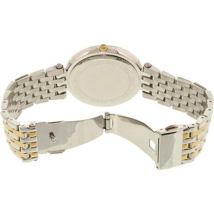 Michael Kors Darci MK3215 with stainless steel caseback, two-tone link bracelet and deployant clasp shown in open position.