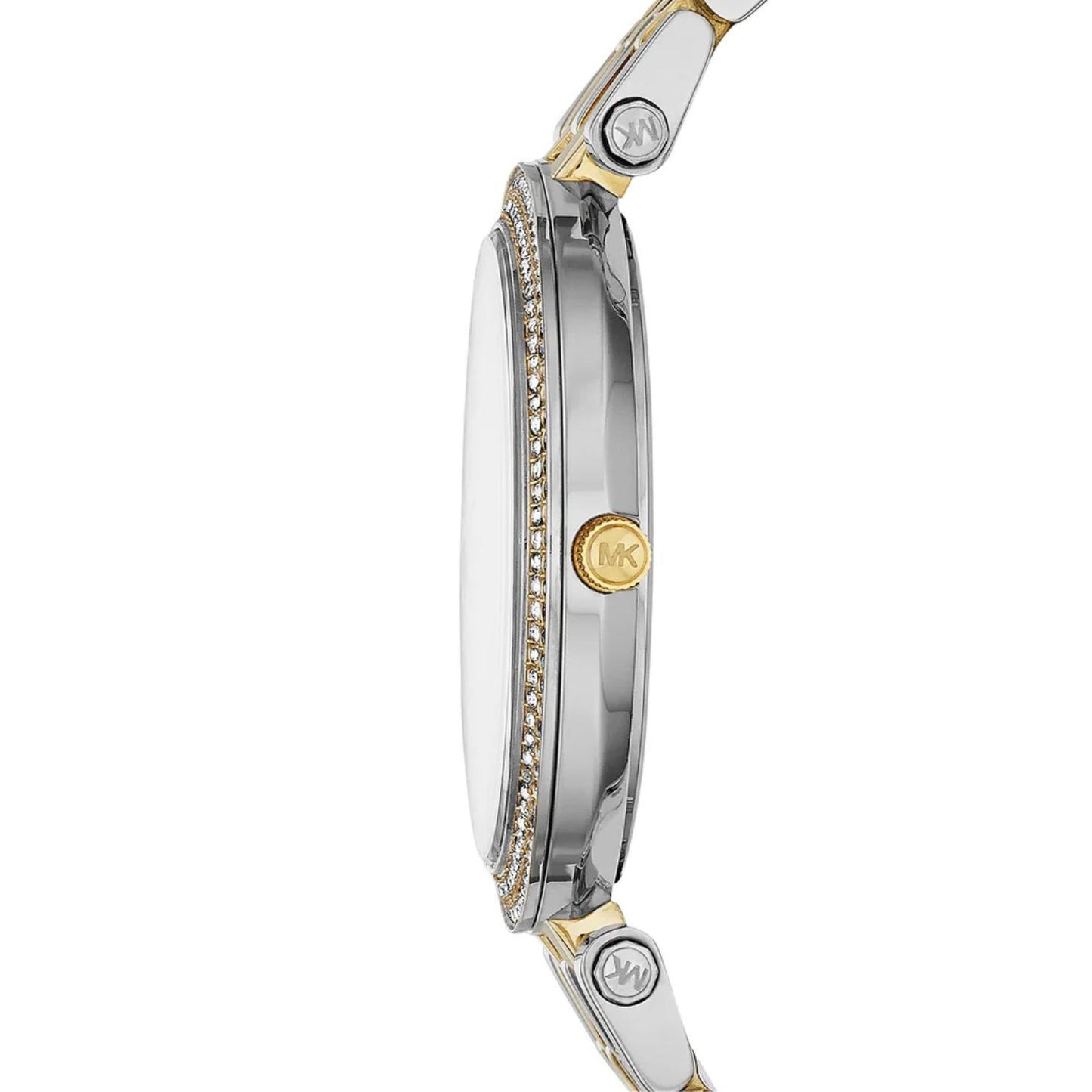 Michael Kors Darci MK3215 with slim two-tone stainless steel case, crystal-set bezel and engraved crown shown in side profile.