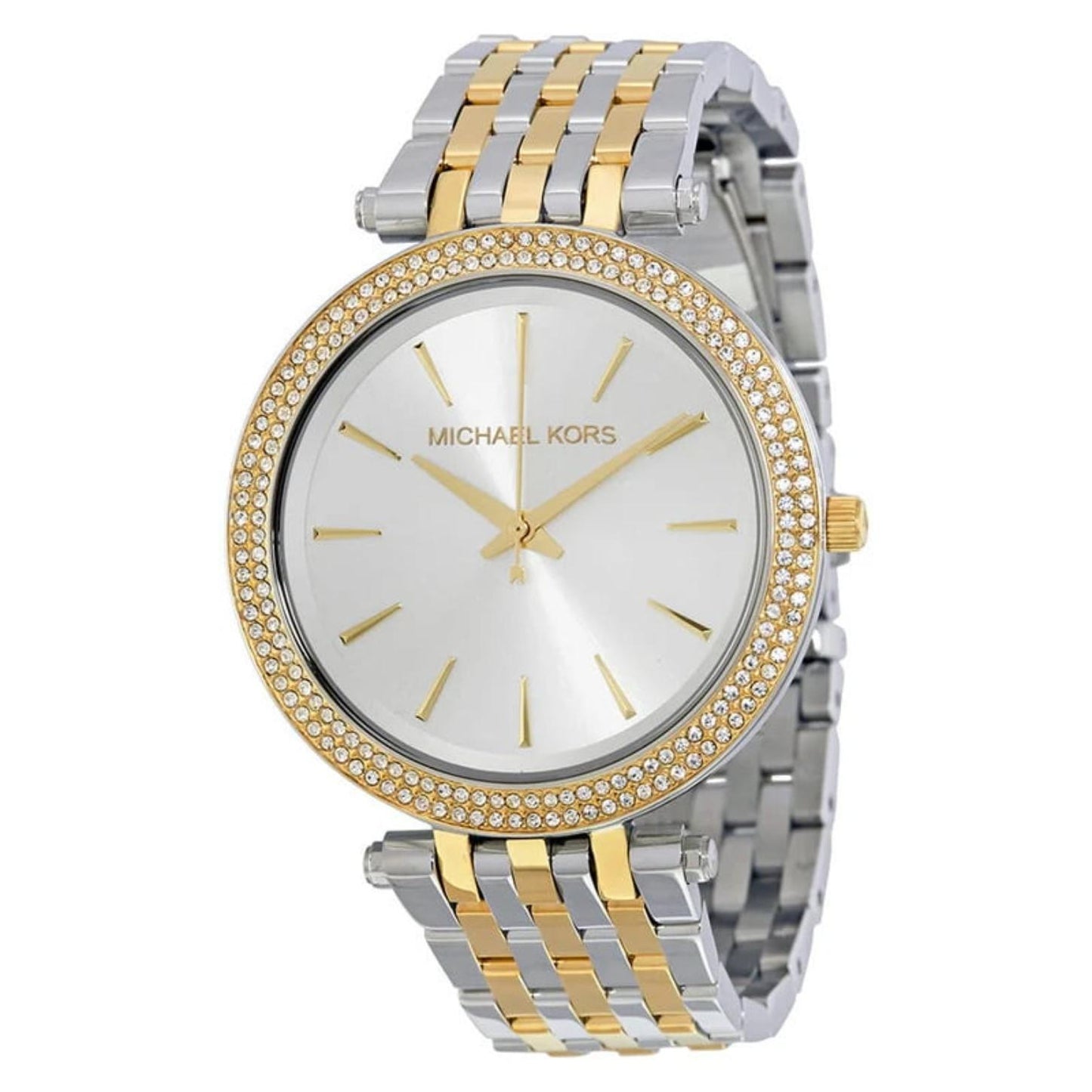 Michael Kors Darci MK3215 women’s dress watch with white sunray dial, crystal-set bezel and two-tone stainless steel bracelet with gold-tone center links.