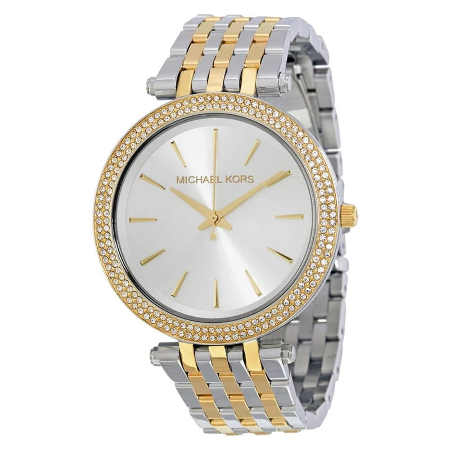 Michael Kors Darci MK3215 women’s dress watch with white sunray dial, crystal-set bezel and two-tone stainless steel bracelet with gold-tone center links.