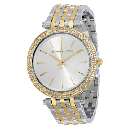 Michael Kors Darci MK3215 women’s dress watch with white sunray dial, crystal-set bezel and two-tone stainless steel bracelet with gold-tone center links.