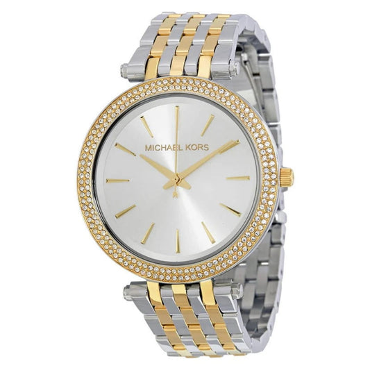 Michael Kors Darci MK3215 women’s dress watch with white sunray dial, crystal-set bezel and two-tone stainless steel bracelet with gold-tone center links.