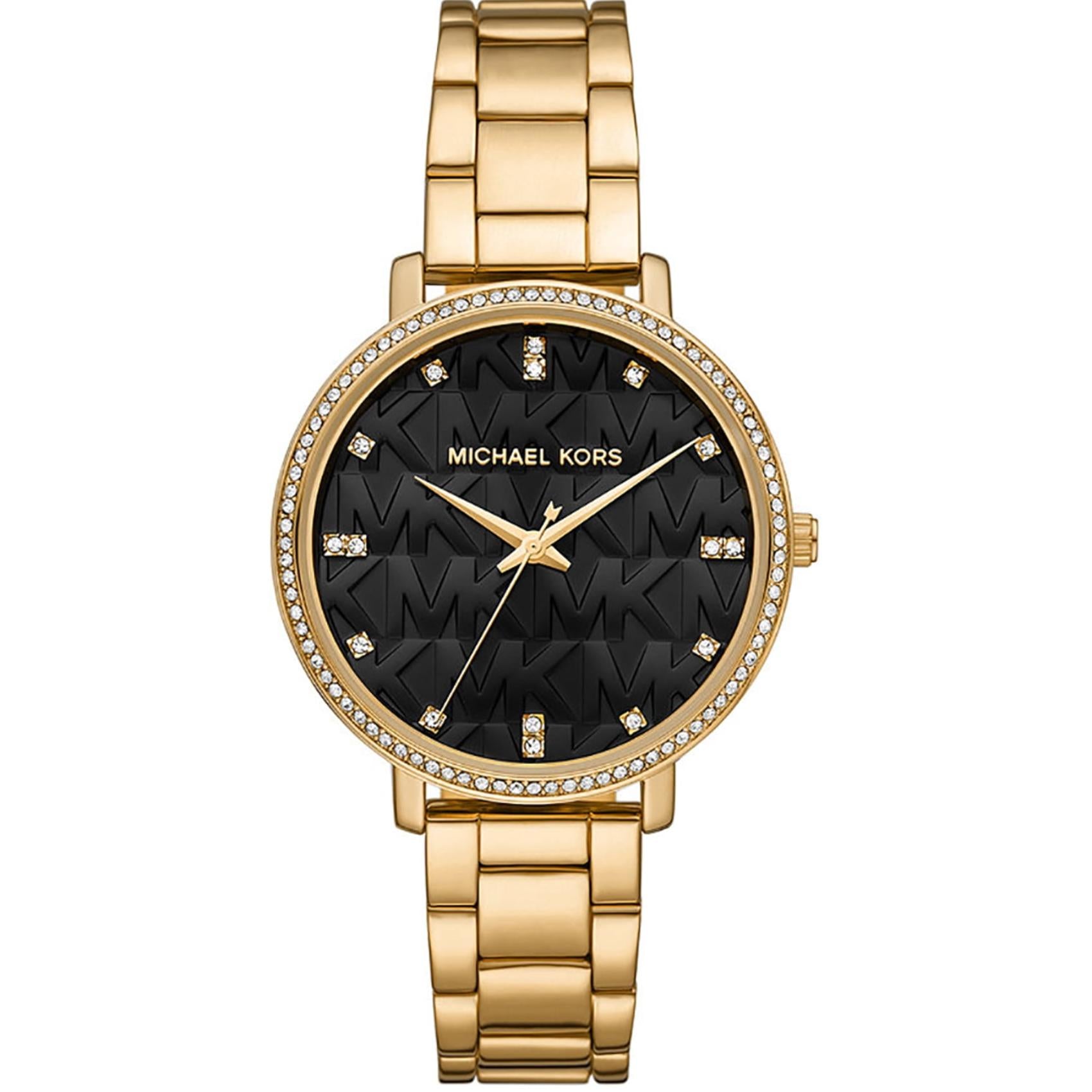 Michael Kors women’s watch with black MK logo dial, crystal hour markers, pavé crystal bezel and gold-tone stainless steel bracelet.