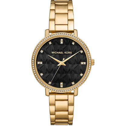 Michael Kors women’s watch with black MK logo dial, crystal hour markers, pavé crystal bezel and gold-tone stainless steel bracelet.