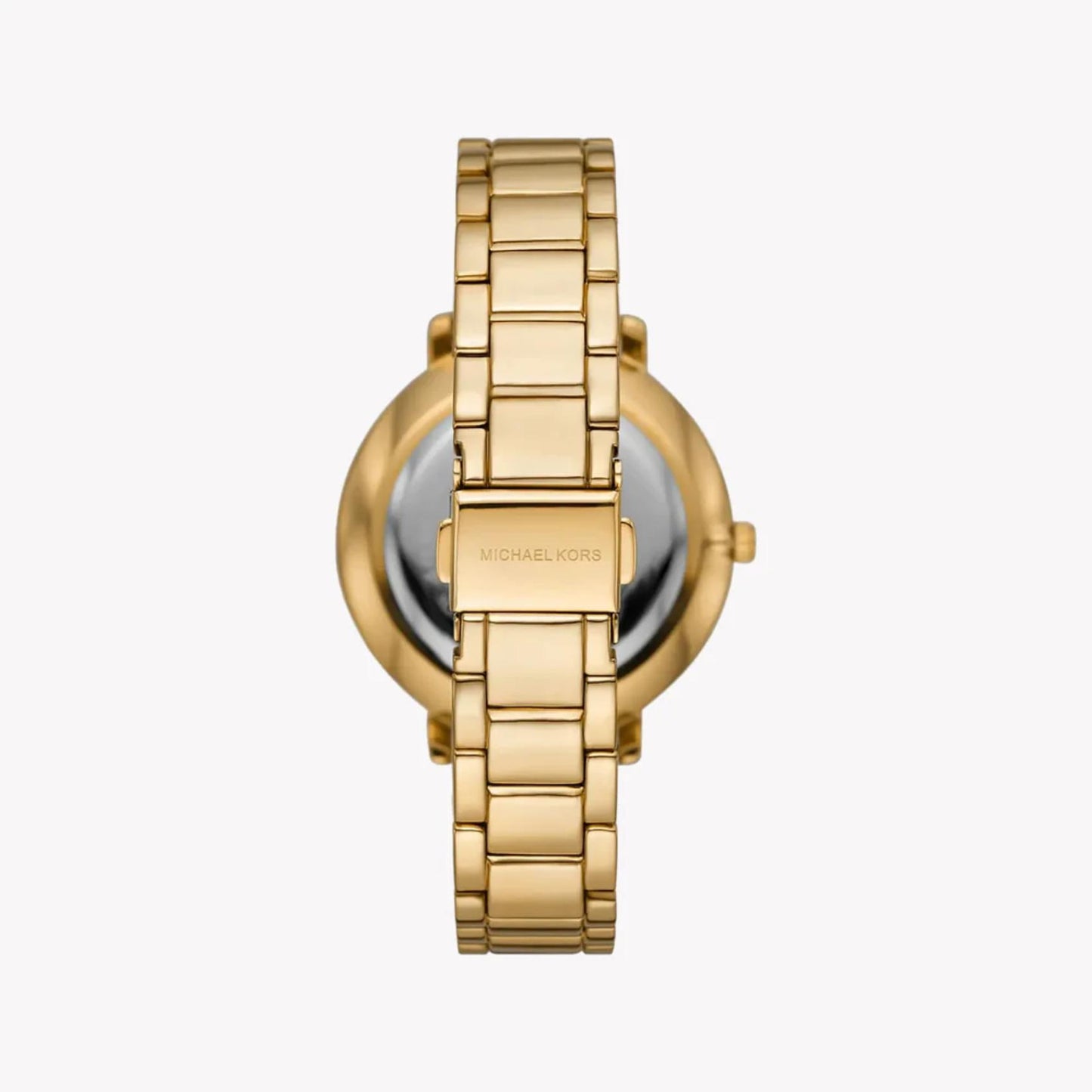 Michael Kors women’s watch with gold-tone stainless steel bracelet, engraved clasp and rear case view with polished finish.