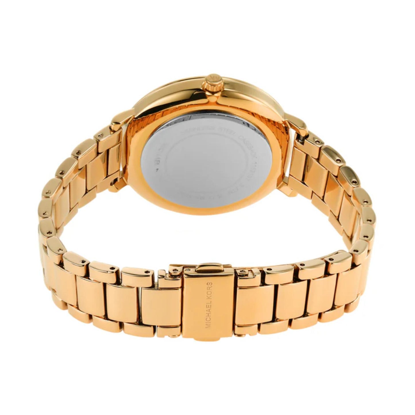 Michael Kors women’s watch with stainless steel caseback, gold-tone link bracelet and fold-over clasp with engraved logo.