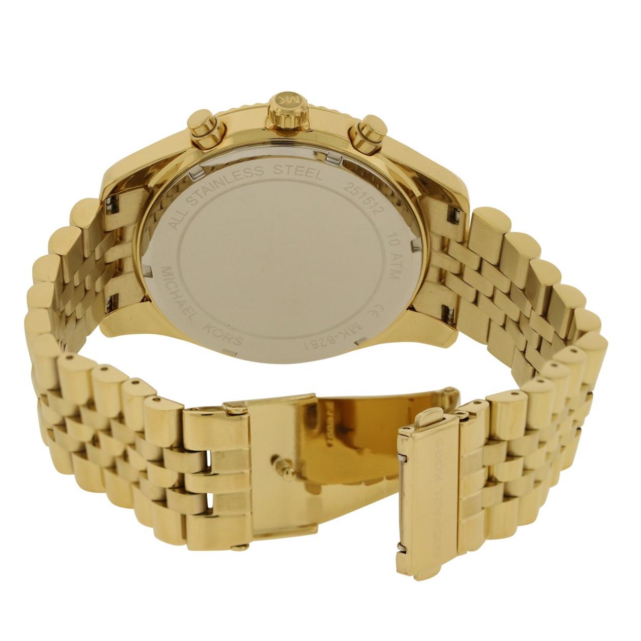 Michael Kors Lexington MK8281 with stainless steel caseback, gold-tone bracelet and deployant clasp shown in open position.