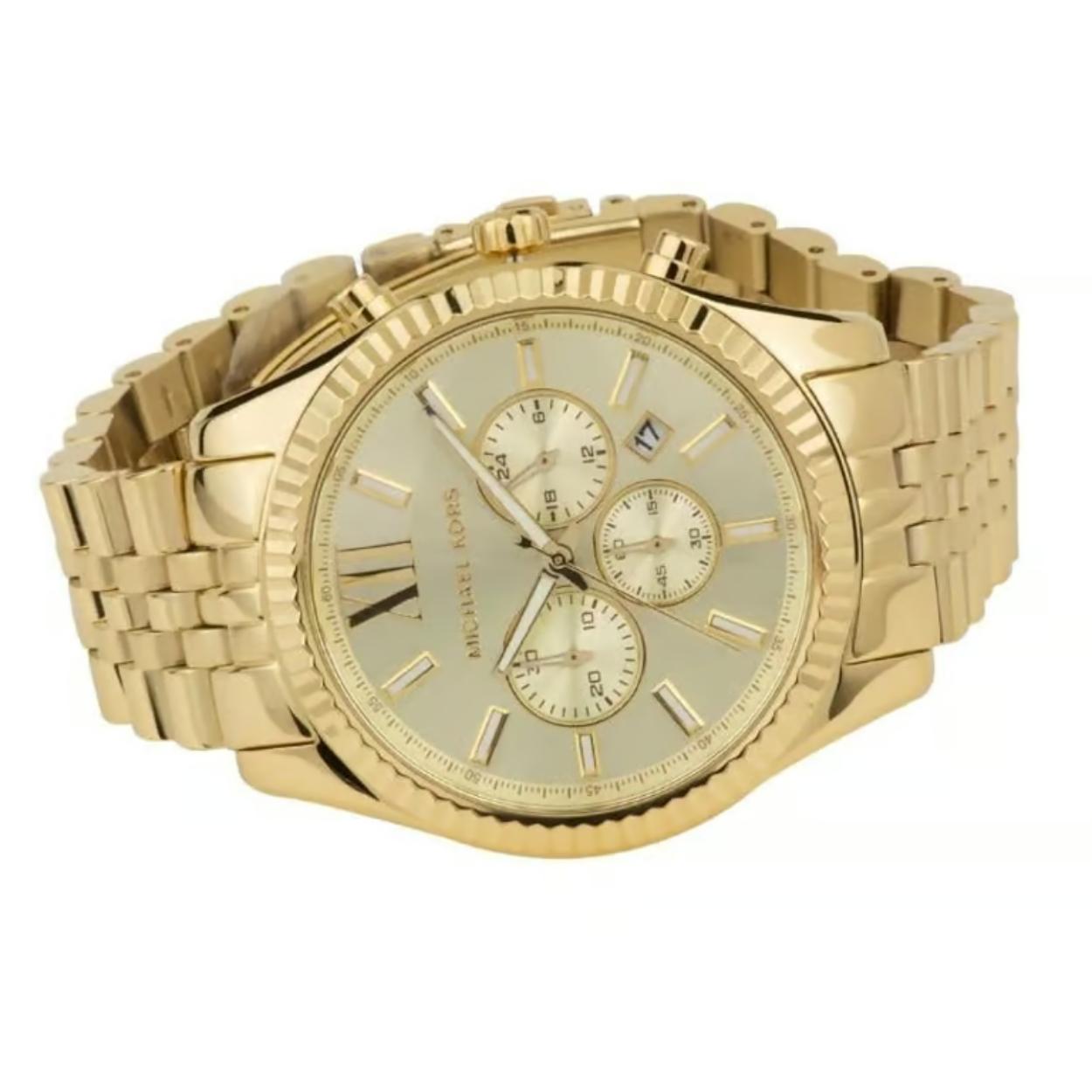 Michael Kors Lexington MK8281 gold-tone chronograph watch with angled champagne dial, fluted bezel and gold-tone stainless steel bracelet with polished center links.